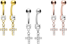 Laden Sie das Bild in den Galerie-Viewer, Titan Kreuz Kristall Anhänger Kristall 925 Sterling Silber Bauchnabelpiercing Innengewinde Barbell piercinginspiration®