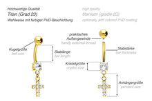 Laden Sie das Bild in den Galerie-Viewer, Titan Kreuz Kristall Anhänger Kristall 925 Sterling Silber Bauchnabelpiercing Innengewinde Barbell piercinginspiration®