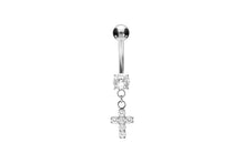 Laden Sie das Bild in den Galerie-Viewer, Titan Kreuz Kristall Anhänger Kristall 925 Sterling Silber Bauchnabelpiercing Innengewinde Barbell piercinginspiration®