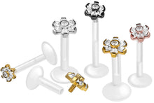 Laden Sie das Bild in den Galerie-Viewer, PTFE Titan Innengewinde Labret 7 Kristalle Blume Ohrpiercing piercinginspiration®