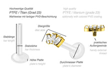Laden Sie das Bild in den Galerie-Viewer, PTFE Titan 3 Kristalle Tropfen Innengewinde Labret Ohrpiercing piercinginspiration®