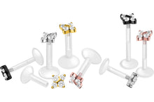 Laden Sie das Bild in den Galerie-Viewer, Titan PTFE Innengewinde Labret 4 Kristalle Stern Ohrpiercing piercinginspiration®