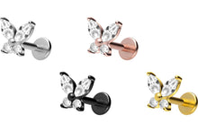 Laden Sie das Bild in den Galerie-Viewer, Titan Innengewinde Labret 4 Kristalle Schmetterling Ohrpiercing piercinginspiration®